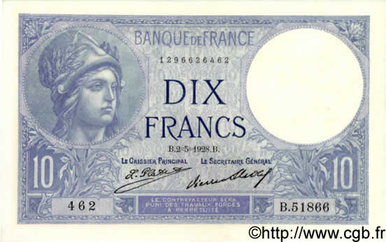 10 Francs MINERVE FRANCE  1928 F.06.13 AU+