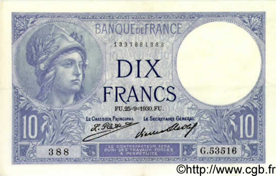 10 Francs MINERVE FRANKREICH  1930 F.06.14 VZ+