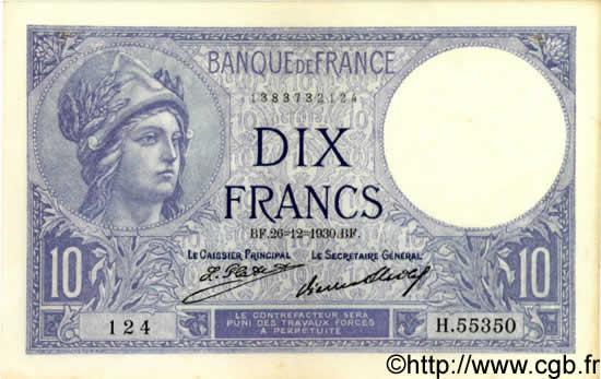 10 Francs MINERVE FRANCE  1930 F.06.14 AU