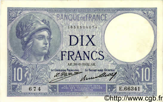 10 Francs MINERVE FRANCE  1932 F.06.16 AU+