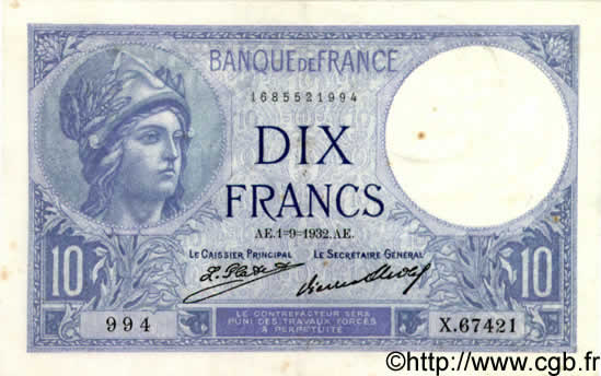 10 Francs MINERVE FRANCE  1932 F.06.16 XF-