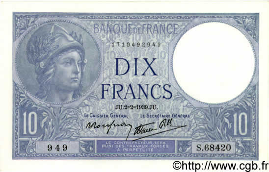 10 Francs MINERVE modifié FRANCE  1939 F.07.01 AU+
