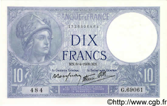10 Francs MINERVE modifié FRANCIA  1939 F.07.02 AU