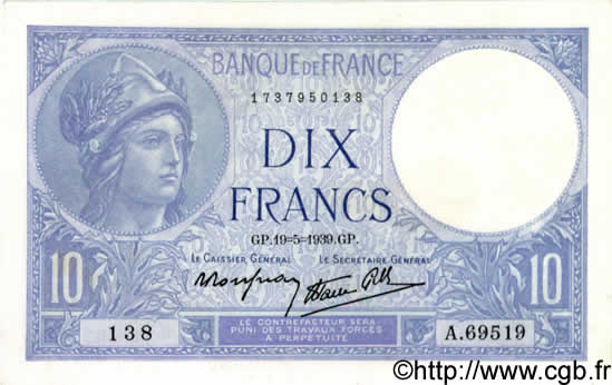 10 Francs MINERVE modifié FRANCIA  1939 F.07.03 SC+