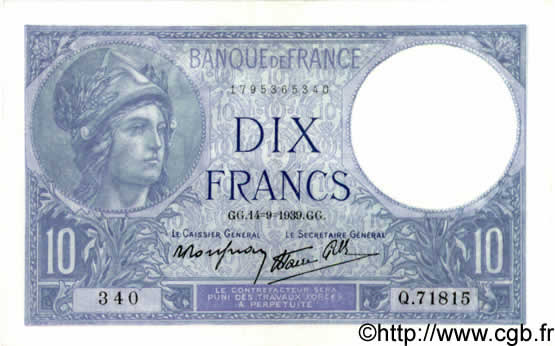 10 Francs MINERVE modifié FRANCE  1939 F.07.07 AU