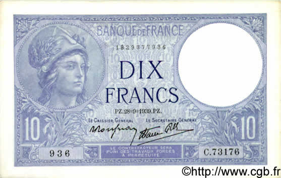 10 Francs MINERVE modifié FRANCE  1939 F.07.09 UNC-