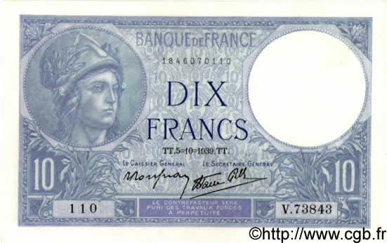 10 Francs MINERVE modifié FRANCIA  1939 F.07.10 q.FDC