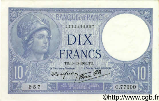 10 Francs MINERVE modifié FRANCIA  1940 F.07.16 q.FDC