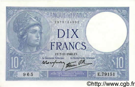 10 Francs MINERVE modifié FRANCE  1940 F.07.19 UNC-
