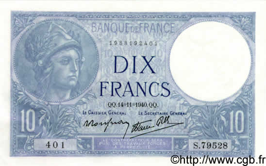 10 Francs MINERVE modifié FRANKREICH  1940 F.07.20 VZ+ to fST