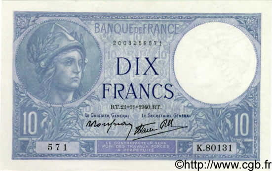 10 Francs MINERVE modifié FRANCE  1940 F.07.21 UNC