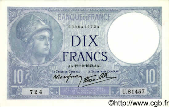 10 Francs MINERVE modifié FRANCIA  1940 F.07.24 SC