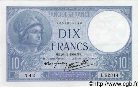 10 Francs MINERVE modifié FRANKREICH  1940 F.07.25 VZ to fST