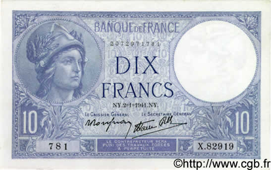 10 Francs MINERVE modifié FRANCE  1941 F.07.26 UNC