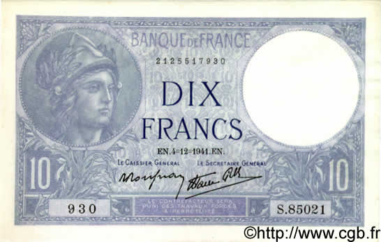 10 Francs MINERVE modifié FRANCIA  1941 F.07.30 SC
