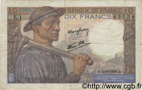 10 Francs MINEUR FRANCIA  1941 F.08.01 q.BB