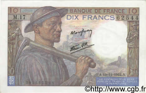 10 Francs MINEUR FRANCIA  1942 F.08.05 q.FDC