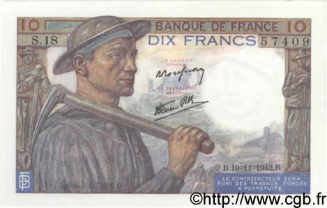 10 Francs MINEUR FRANCE  1942 F.08.05 NEUF