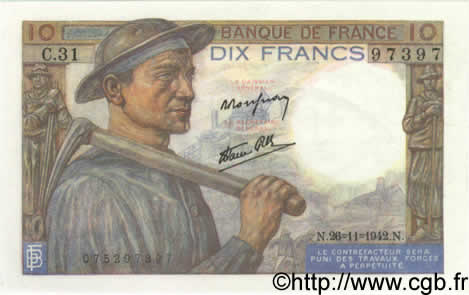 10 Francs MINEUR FRANKREICH  1942 F.08.06 ST
