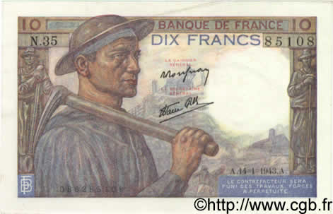 10 Francs MINEUR FRANCE  1943 F.08.07 AU