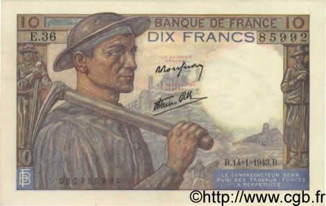 10 Francs MINEUR FRANCIA  1943 F.08.07 EBC+