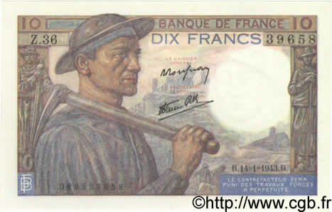 10 Francs MINEUR FRANCE  1943 F.08.07 UNC