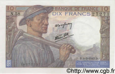 10 Francs MINEUR FRANKREICH  1943 F.08.09 fST
