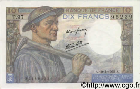 10 Francs MINEUR FRANCIA  1945 F.08.13 EBC