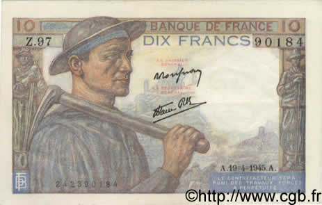 10 Francs MINEUR FRANKREICH  1945 F.08.13 VZ