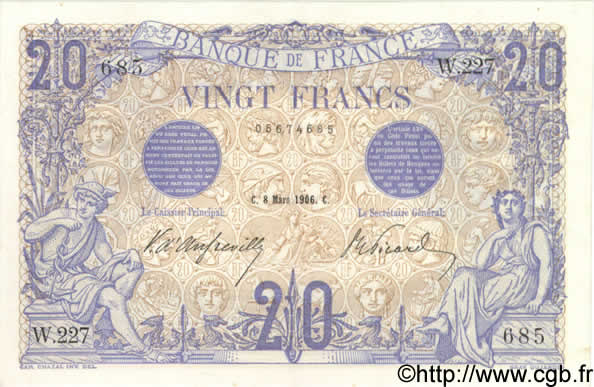 20 Francs BLEU FRANCE  1906 F.10.01 XF+
