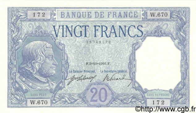 20 Francs BAYARD FRANCE  1916 F.11.01 UNC