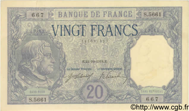 20 Francs BAYARD FRANCIA  1918 F.11.03 q.FDC