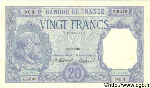 20 Francs BAYARD FRANKREICH  1919 F.11.04 fST+