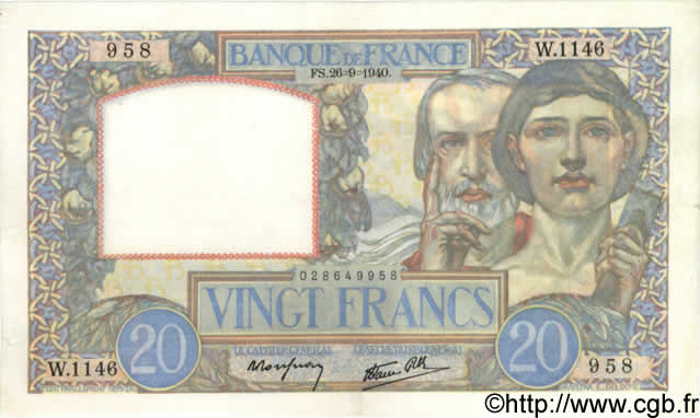 20 Francs TRAVAIL ET SCIENCE FRANKREICH  1940 F.12.07 VZ