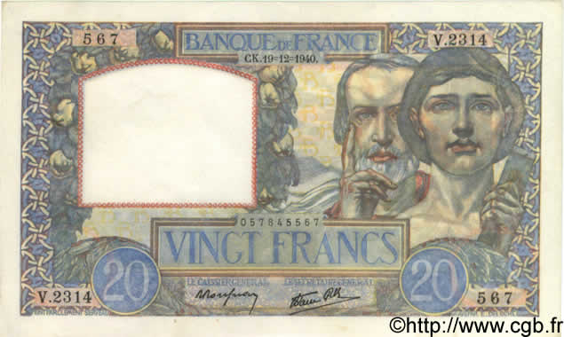 20 Francs TRAVAIL ET SCIENCE FRANCE  1940 F.12.11 UNC-