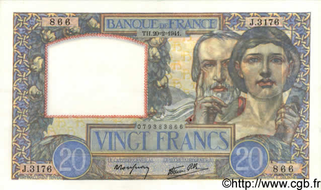20 Francs TRAVAIL ET SCIENCE FRANCIA  1941 F.12.12 EBC+