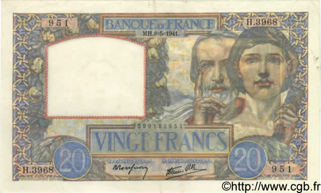 20 Francs TRAVAIL ET SCIENCE FRANCIA  1941 F.12.14 SPL
