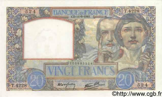 20 Francs TRAVAIL ET SCIENCE FRANKREICH  1941 F.12.15 ST