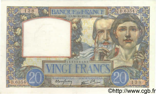 20 Francs TRAVAIL ET SCIENCE FRANCIA  1941 F.12.19 AU