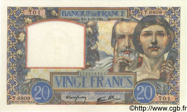 20 Francs TRAVAIL ET SCIENCE FRANCE  1941 F.12.20 UNC