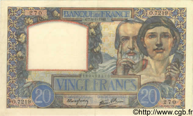 20 Francs TRAVAIL ET SCIENCE FRANCE  1942 F.12.21 XF+