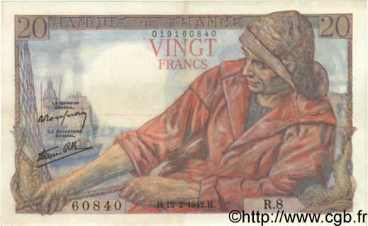 20 Francs PÊCHEUR FRANKREICH  1942 F.13.01 VZ+