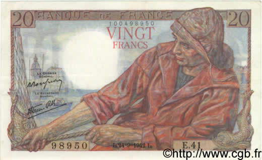 20 Francs PÊCHEUR FRANCIA  1942 F.13.03 EBC