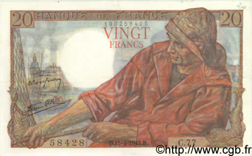20 Francs PÊCHEUR FRANCE  1943 F.13.06 XF