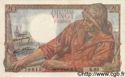 20 Francs PÊCHEUR FRANCE  1943 F.13.06 SPL