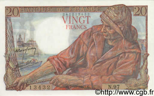 20 Francs PÊCHEUR FRANKREICH  1943 F.13.07 ST