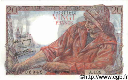 20 Francs PÊCHEUR FRANCIA  1945 F.13.10 FDC