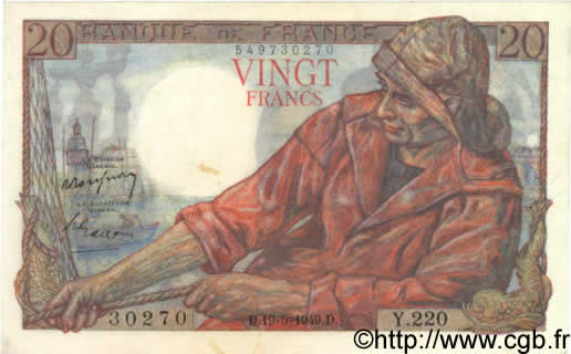 20 Francs PÊCHEUR FRANKREICH  1949 F.13.15 VZ