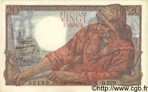 20 Francs PÊCHEUR FRANCE  1949 F.13.16 UNC-