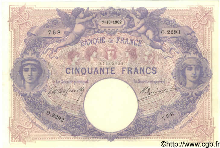 50 Francs BLEU ET ROSE FRANKREICH  1902 F.14.14 VZ